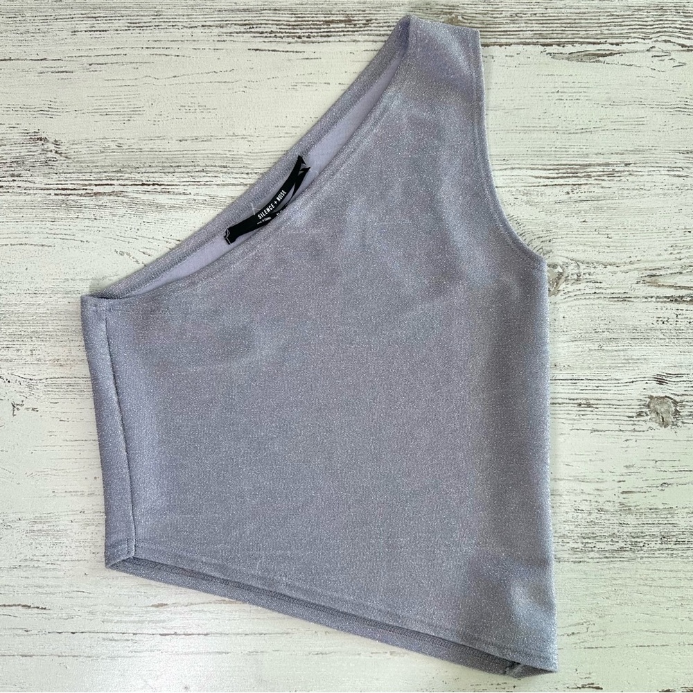NWT URBAN OUTFITTERS Faith One Shoulder Sparkling Asymmetrical Crop Top M Purple